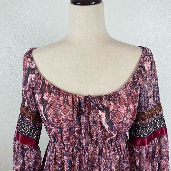 Bebe Fable boho embroidered satin trim balloon  sleeve mini dress women’s S NEW - Picture 5 of 13